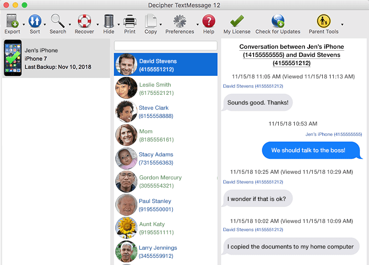 Example screenshot of Decipher TextMessage which lets people save text messages forever on their computer 