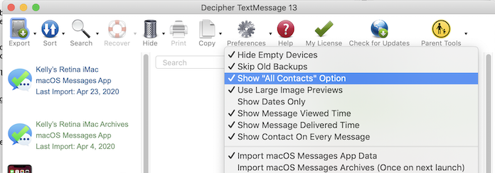 Decipher TextMessage Show All Contacts option