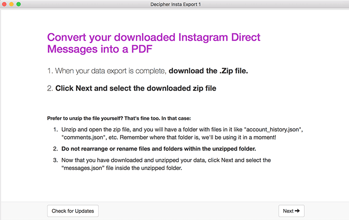 Select the zip file of your Instagram data download from within Decipher Insta Export.