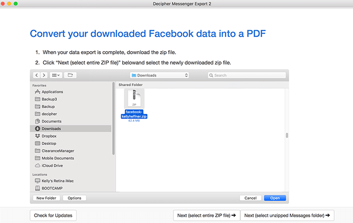 In Decipher Messenger Export, select the zipped file of your Facebook data