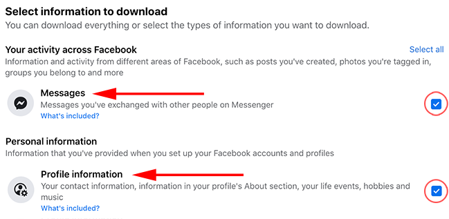 Choose Messages and Profile Information for your Facebook data download to print Facebook messages.