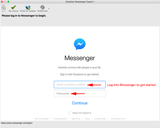 Sign into Facebook Messenger with Decipher Messenger Export.