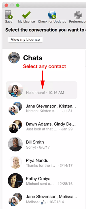 Choose a Messenger Contact to export your child's Facebook messages to your PC or Mac
