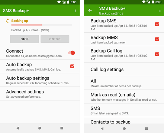 Screenshot of software to save Android text messages forever to computer