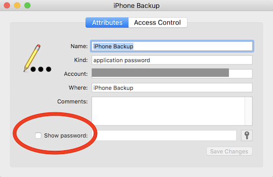 Find your iPhone encrypted backup password in macOS Keychain Manager.