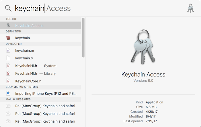 using spotlight to search for the keychain access app