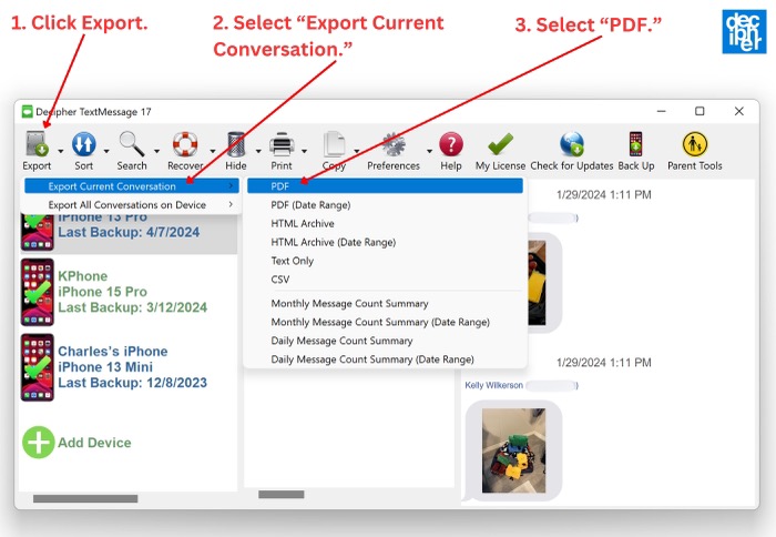 Click Export > Export Current Conversation > PDF.