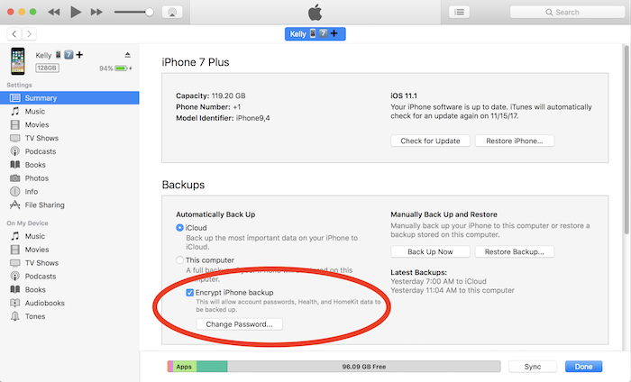 iTunes encrypted backups setting