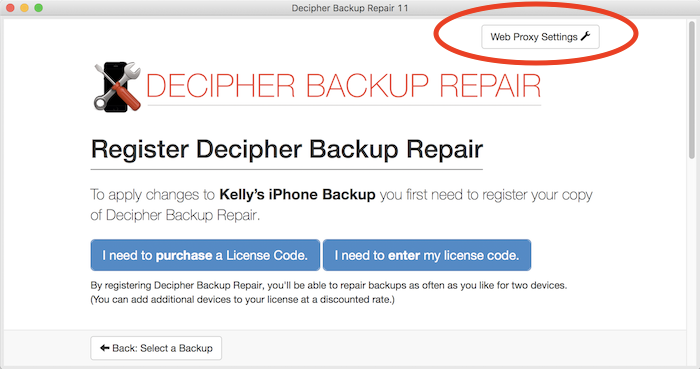 Web proxy settings in Decipher Backup Repair